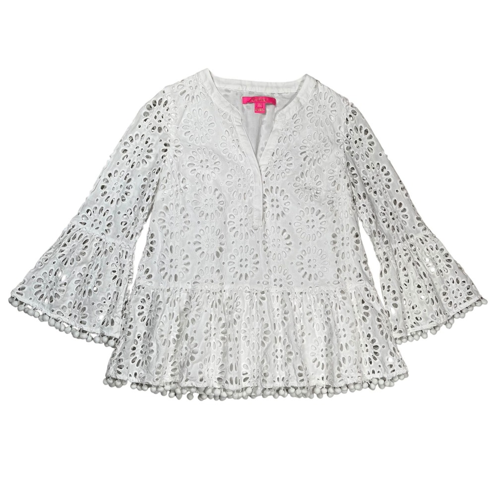 Lilly Pulitzer Eyelet Top Women XS White Bell Sleeve Pom Pom Peplum 007966